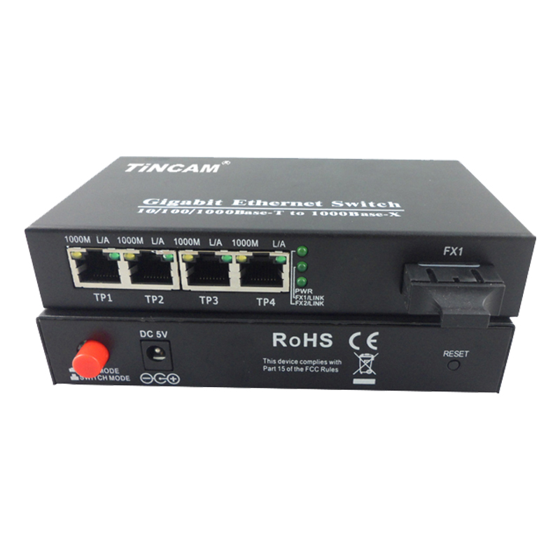 10/100/1000M single mode dual fiber 1 fiber port & 4 RJ45 ports fiber switch （External）