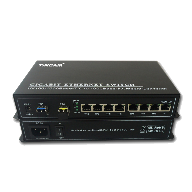 10/100/1000M single mode dual fiber 2 fiber ports & 8 RJ45 ports fiber switch （External）
